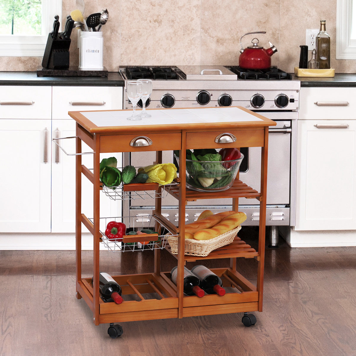 Carrinho de Cozinha Multifuncional Carrinho Auxiliar de Madeira com Grande Espaço de Armazenamento Gavetas Cestas Prateleiras 4 Rodas 74x37x76 cm Madeira — foto 2