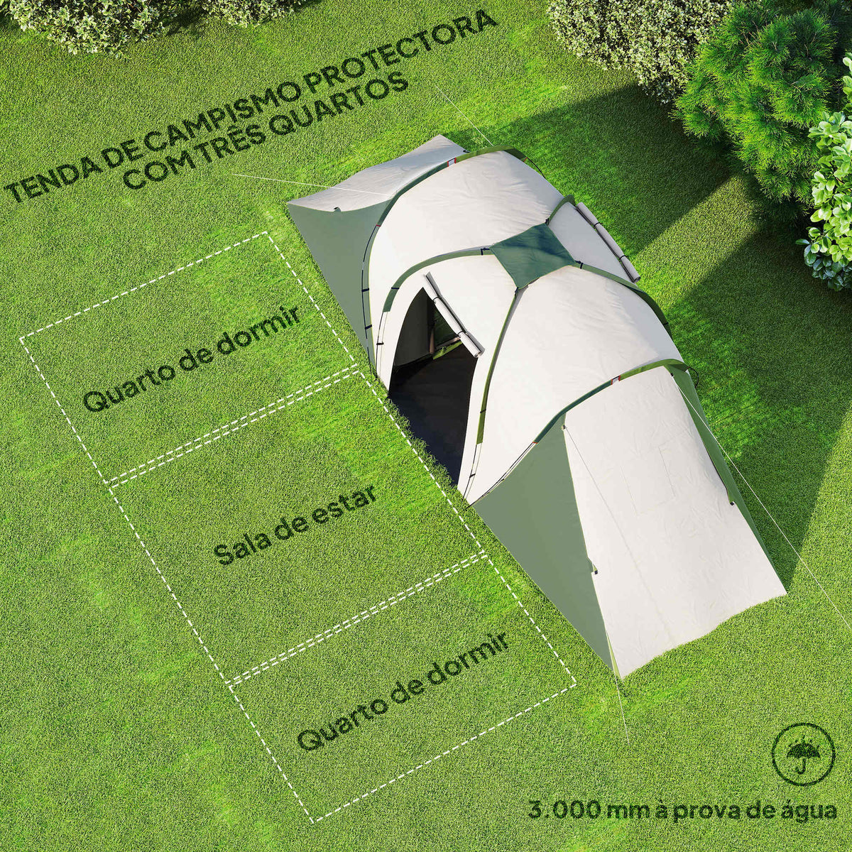 Tenda de Campismo Familiar para 4-6 Pessoas com 2 Dormitórios Tenda de Campismo Grande Impermeável 3000 mm com Bolsa de Transporte 555x225x190 cm Cinza e Verde — foto 4