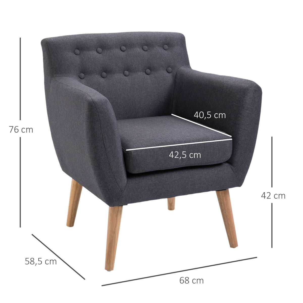 Poltrona de Sala de Estar Poltrona para Dormitório com Apoio para os Braços e Pés de Madeira Sofá Individual Carga 125 kg para Escritório Sala de Estar 68x58,5x76 cm Cinza Escuro — foto 3