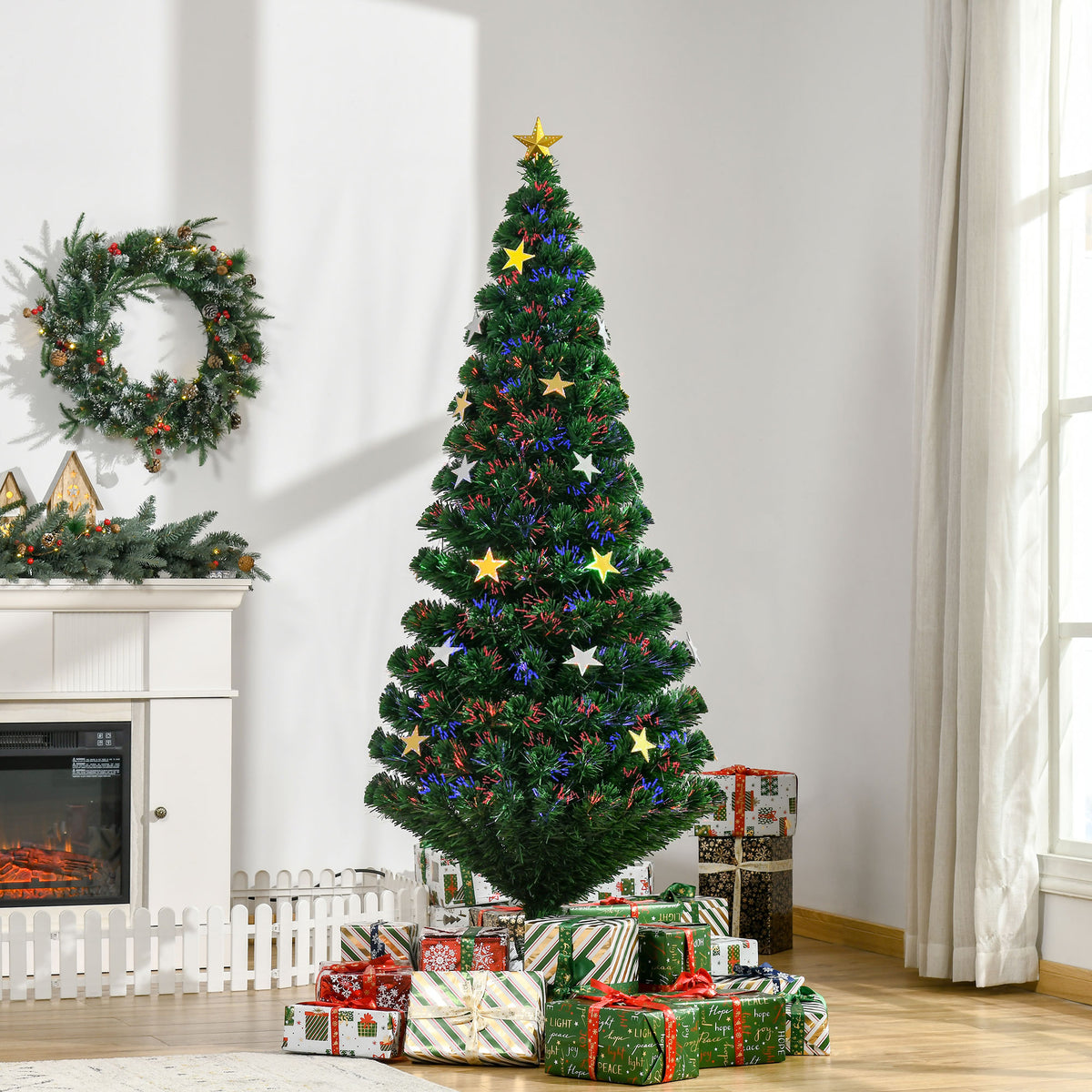 Árvore de Natal Artificial Pinheiros 180 cm com Suporte Decorações de Natal Estrela Flocos Fibra Óptica Brilhante LED Multicolor Retardador de Chama — foto 2