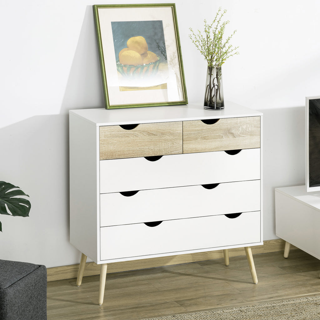 Cómoda com 5 Gavetas Cómoda de Quarto com Pés de Madeira Cómoda para Sala Escritório Estilo Nórdico 99x39x101 cm Branco e Carvalho — foto 6