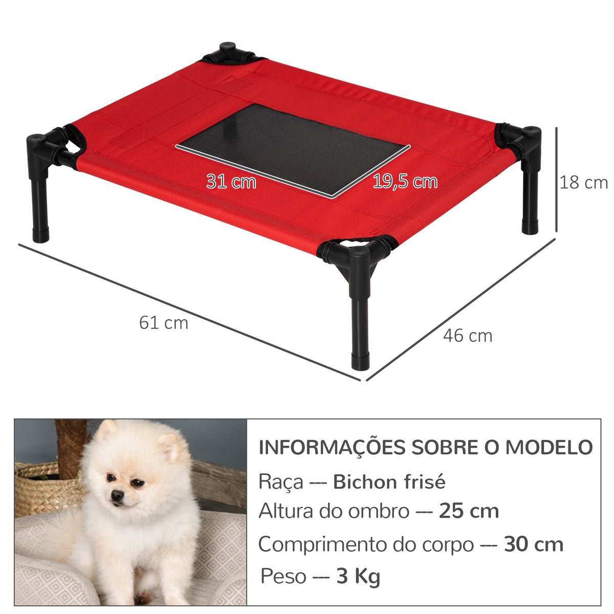 Cama para Animais de Estimação Cama Elevada para Cães Gatos Portátil Tecido Transpirável para Exterior Interior 64x46x18cm Vermelho — foto 3