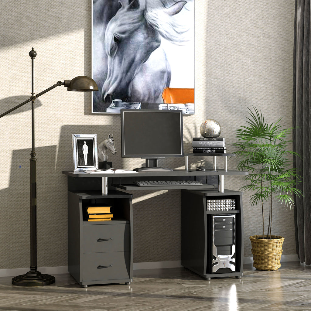 Secretária para computador Mesa para PC com prateleiras múltiplas Bandeja de teclado Suporte para CPU e 2 gavetas 120x55x85 cm Preto — foto 2