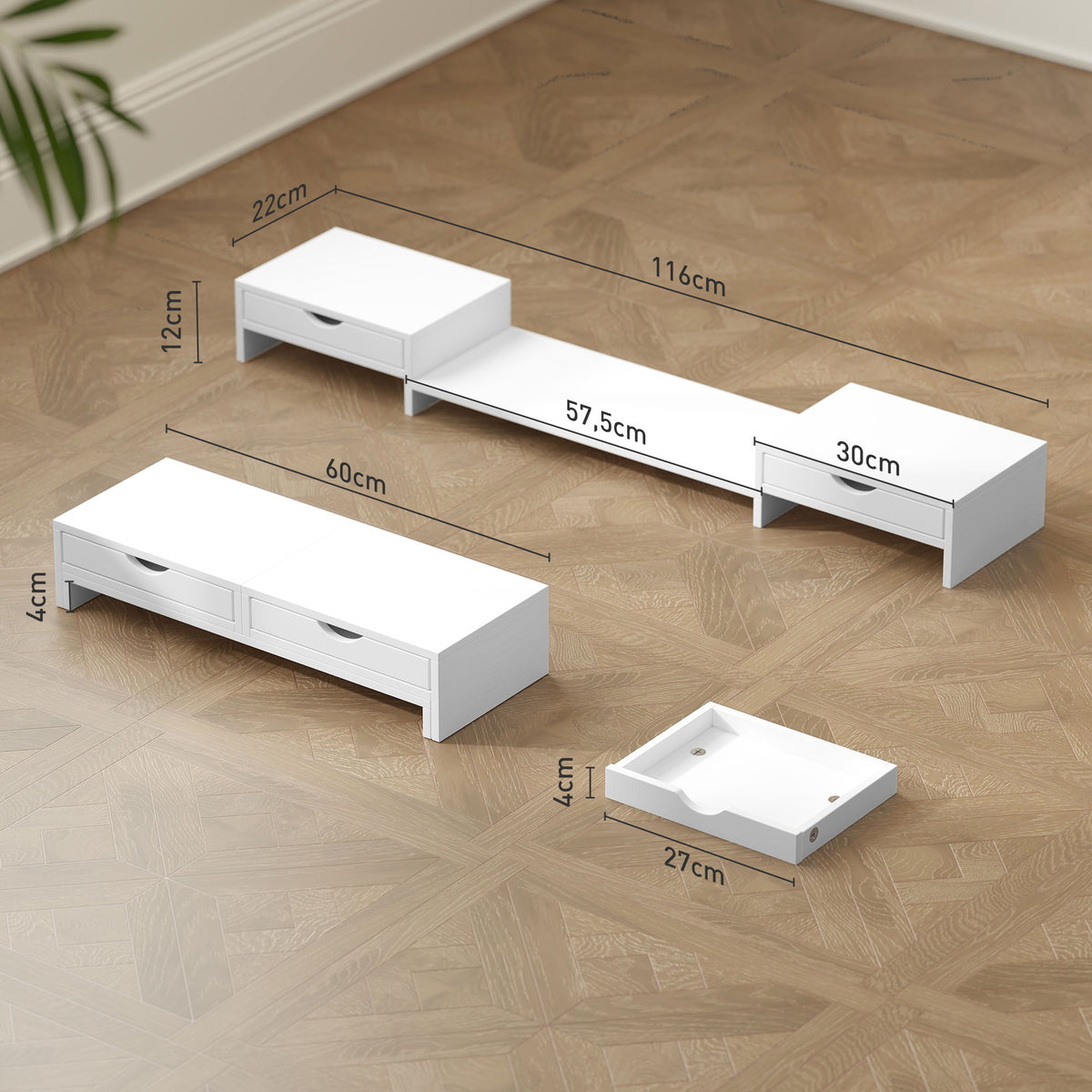 Suporte para Monitor com Ângulo e Comprimento Ajustável Suporte para Monitor com 2 Gavetas para Escritório Suporte para Monitor Portátil 60-116x22x12 cm Branco — foto 3