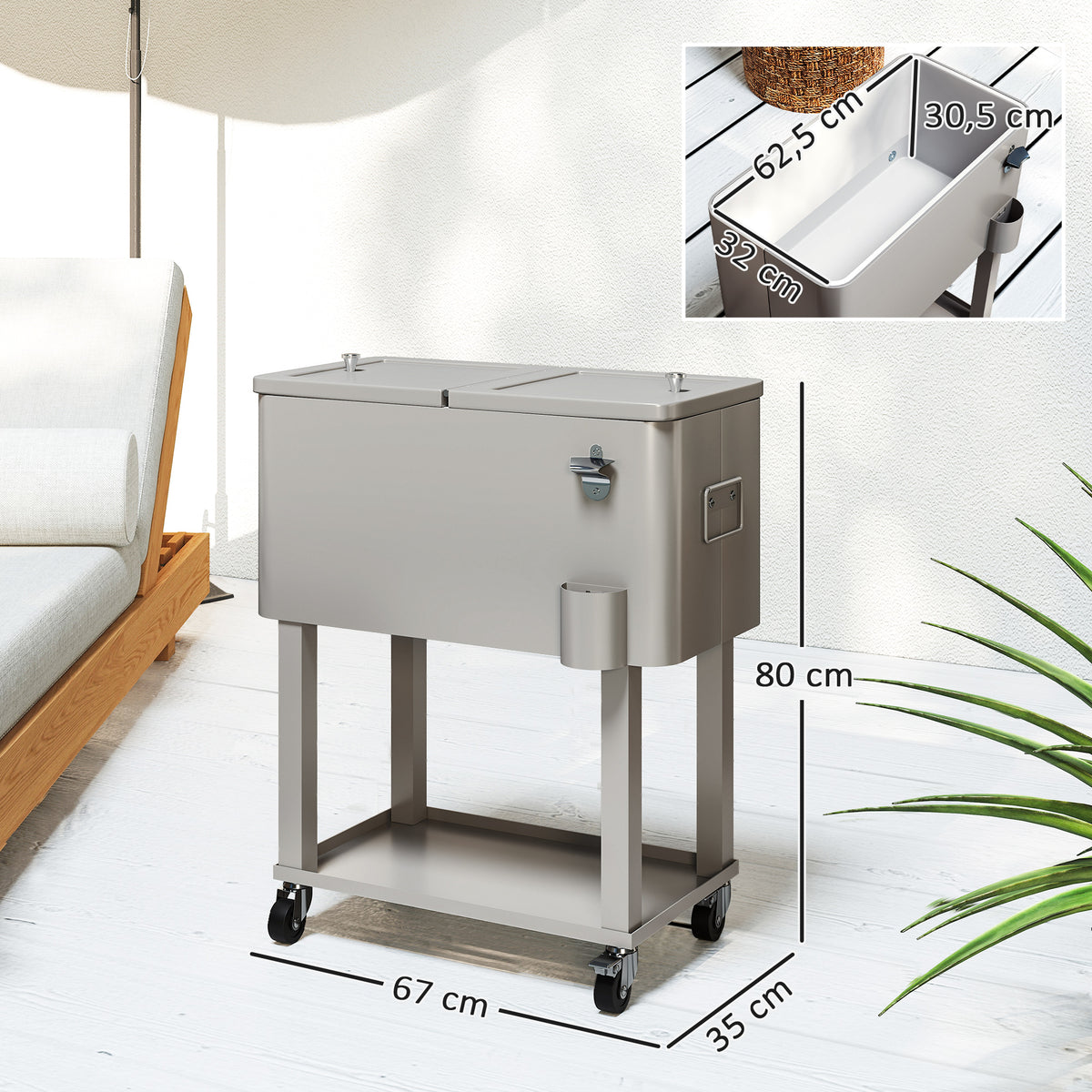 Carrinho Refrigerador de Bebidas de 56L Carrinho Refrigerador com Rodas Abridor de Garrafas e Prateleira para Pátio Festas Terraço Praia 67x35x80 cm Cinzento Claro — foto 3