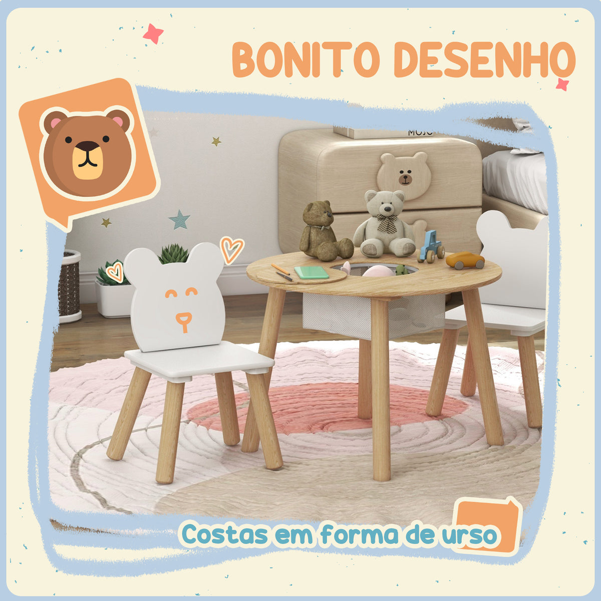 Mesa e Cadeiras Infantis de 3 Peças Mesa Infantil com 2 Cadeiras com Espaço de Arrumação para Crianças de 3-6 Anos para Sala de Jogos Dormitório Escola Infantil Madeira e Branco — foto 4