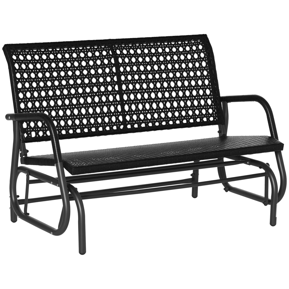 Banco Baloiço de Vime de 2 Lugares Baloiço de Jardim com Balanço Ergonómico e Estrutura de Metal para Terraço Balcão Exterior Carga 220kg 70x120x84cm Preto — foto 1