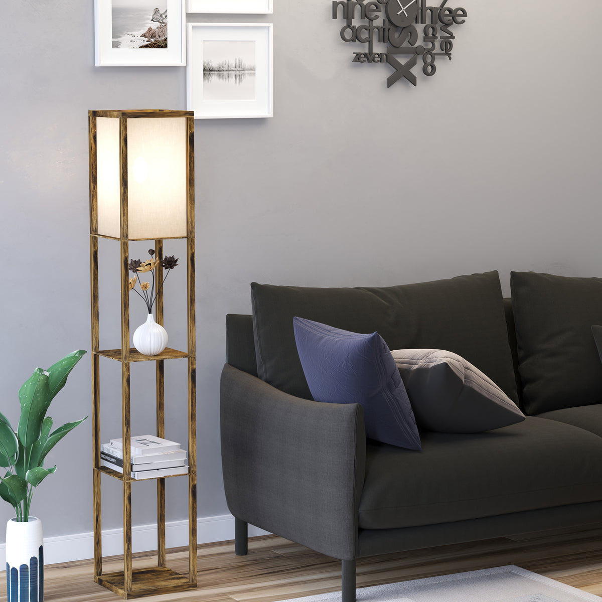 Candeeiro de Pé de Madeira com 3 Prateleiras De Armazenamento para Lâmpada E27 Potência Máx. 40W Candeeiro Moderno para Sala de Estar Dormitório 26x26x160 cm Marrom Rústico — foto 7