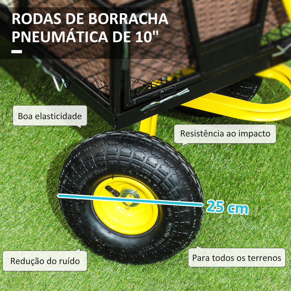 Carrinho de Jardim Carga 200 kg Carrinho de Praia com Paineis Laterais Desmontáveis Guiador Giratório 180° e 4 Rodas Grandes de Borracha Preto e Amarelo — foto 4