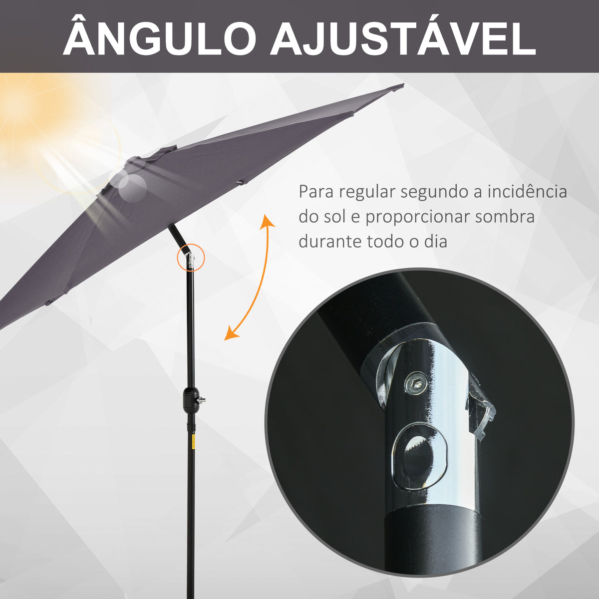 Chapéu de Sol de Jardim Ø270x235cm Chapéu de Sol de Alumínio Reclinável com Manivela e 6 Hastes para Terraço Exterior Balcão Cinza — foto 4