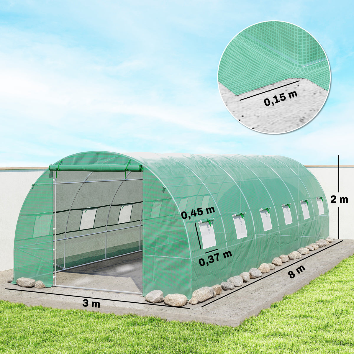 Estufa tipo Túnel 8x3x2m Aço e PE 140 g/m² Estufa para Cultivo de Plantas Tomates Verduras com 12 Janelas e Porta Enroláveis Verde — foto 3