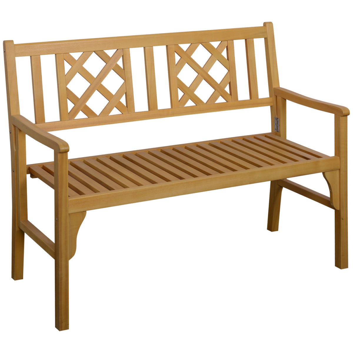 Banco de Jardim Dobrável de Madeira Banco de 2 Lugares Exterior 120,5x55,5x90,2cm com Assento de Ripas e Apoio para os Braços para Terraço Balcão Pátio Natural — foto 1