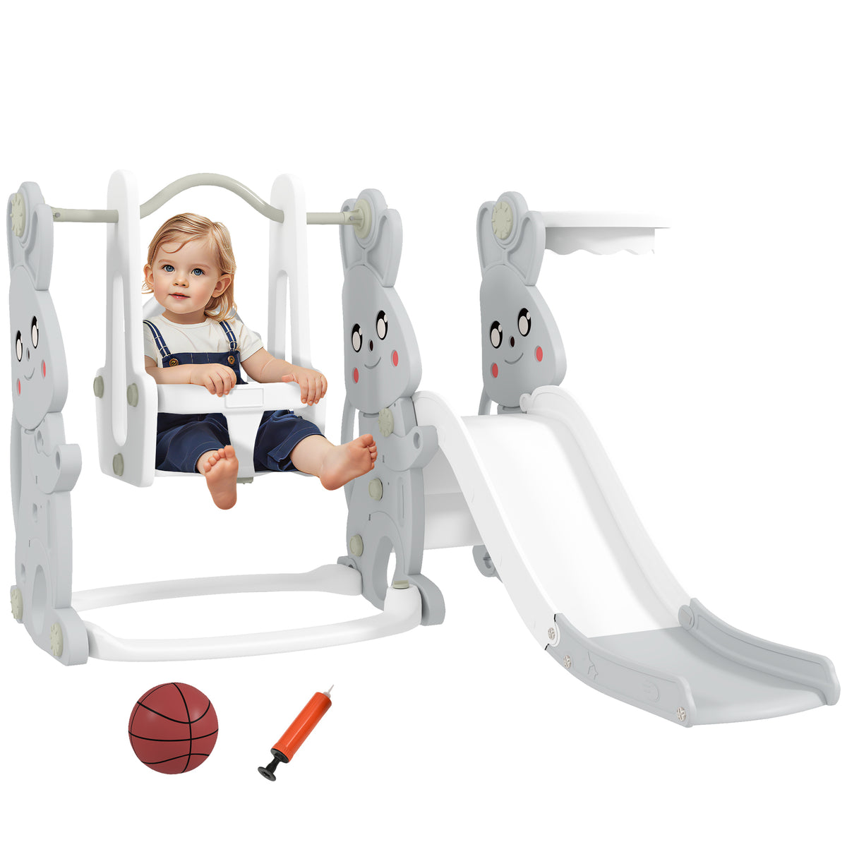 Escorrega Infantil 4 em 1 Baloiço e Escorrega Escalador Cesto de Basquetebol Temática de Coelho Parque Infantil para Interior e Exterior 147,5x160x107 cm Cinzento — foto 1