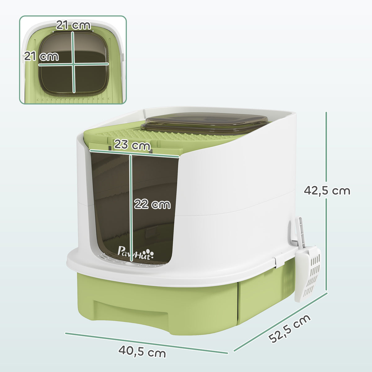 Caixa de Areia para Gatos Fechada Caixa de Areia para Gatos com Entrada Frontal Saída Superior Tampa Amovível Bandeja e Pá 40,5x52,5x42,5 cm Verde — foto 3