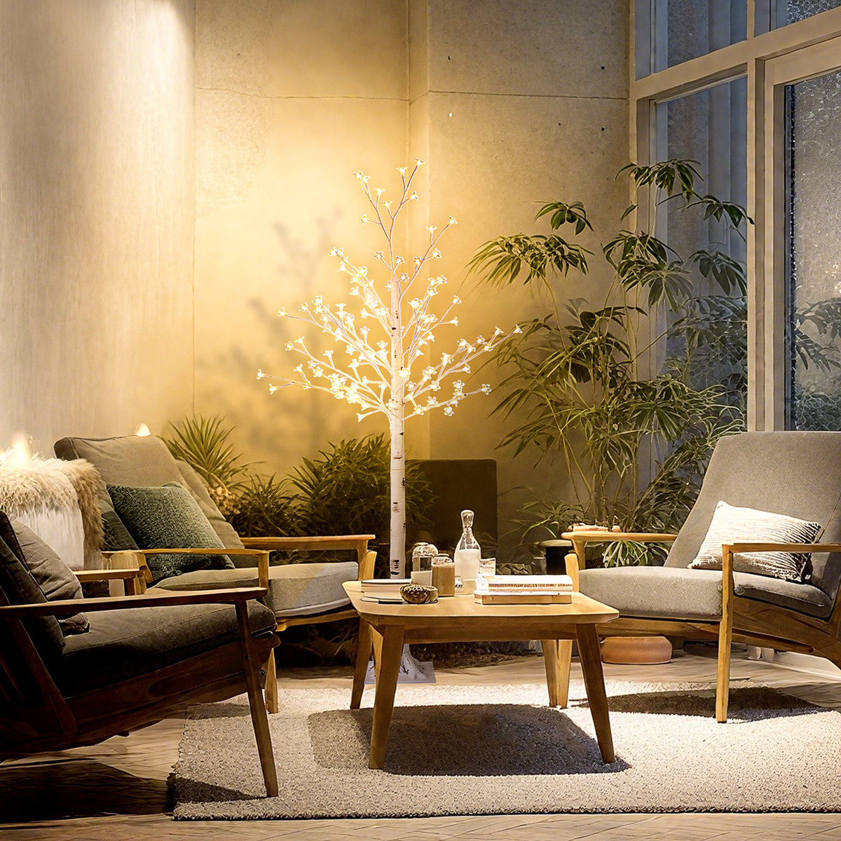 Árvore Cerejeira com 120 Luzes LED IP44 Banco Quente Árvore Decorativa com Flor de Cereja com Luz Ajustável em 3 Modos para Sala de Estar Festas Interiores 21x21x150 cm Branco — foto 2