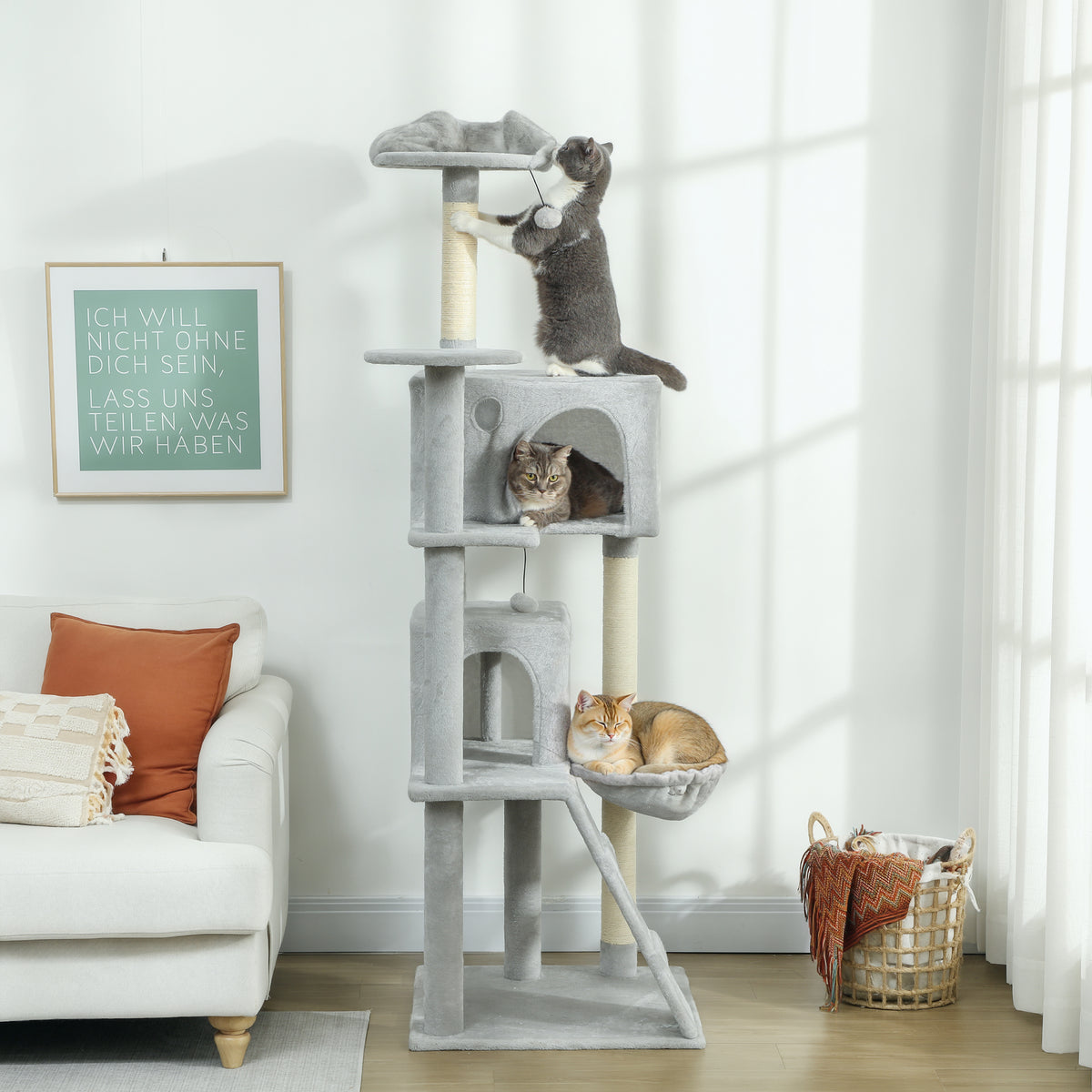 Arranhador para Gatos 180 cm Torre de Escalada com Múltiplas Plataformas Cama 2 Cavernas Rede Escada Postes de Sisal Bolas para Brincar Cinza — foto 2
