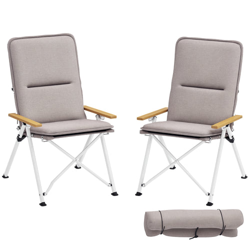 2 Cadeiras de Campismo Dobráveis de Alumínio Cadeiras de Jardim Portáteis com Encosto Alto Ajustável Apoios de Braços de Madeira e Bolsa de Transporte para Exterior 59x67x96 cm Cinza — foto 1