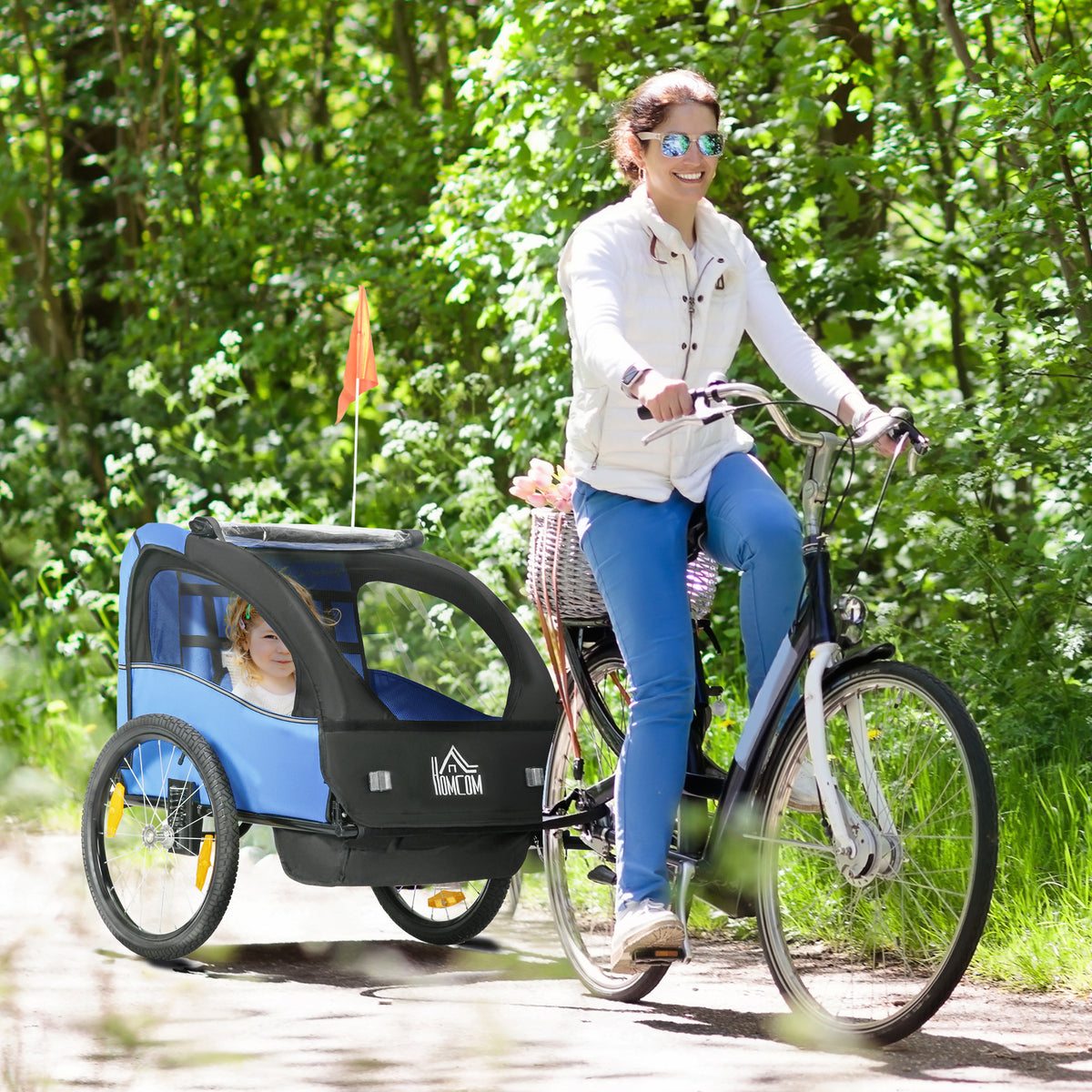 Reboque de Bicicleta para Crianças acima de 18 Meses Reboque de Bicicleta com 2 Lugares com Cinto de Segurança Espaço de Armazenamento e Sistema de Amortecimento 140x88x90 cm Azul — foto 2