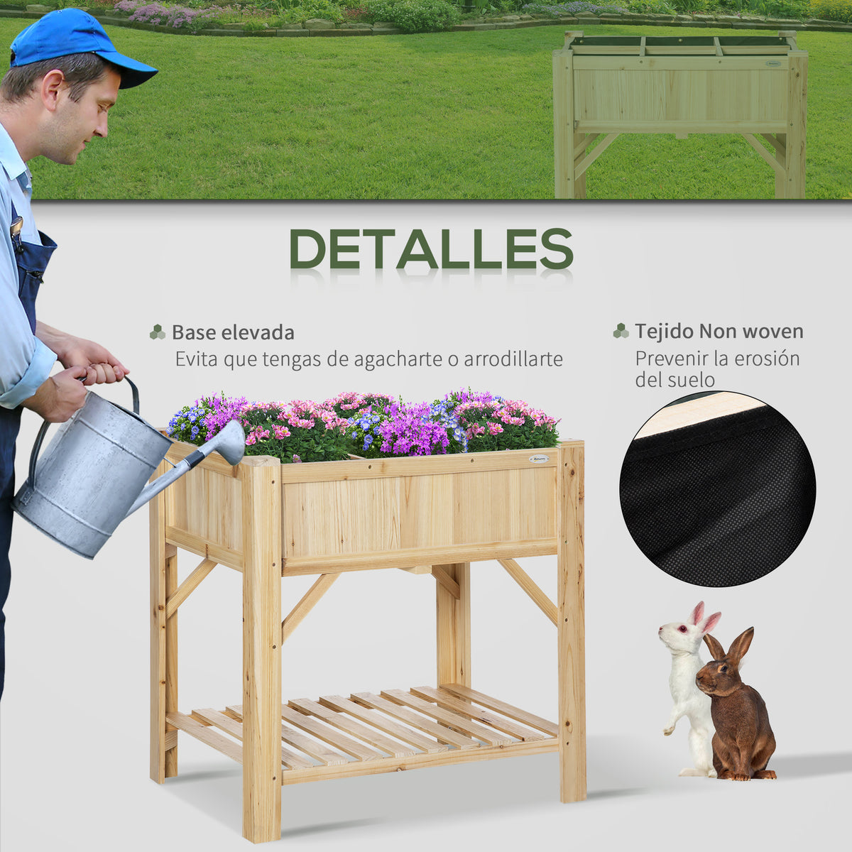 Horta Urbana de Madeira Mesa de Cultivo com 6 Compartimentos e Prateleira Inferior para Plantas e Flores em Jardim Terraço Exterior Capacidade 80 kg 78,5x58x81 cm Cor Natural — foto 7