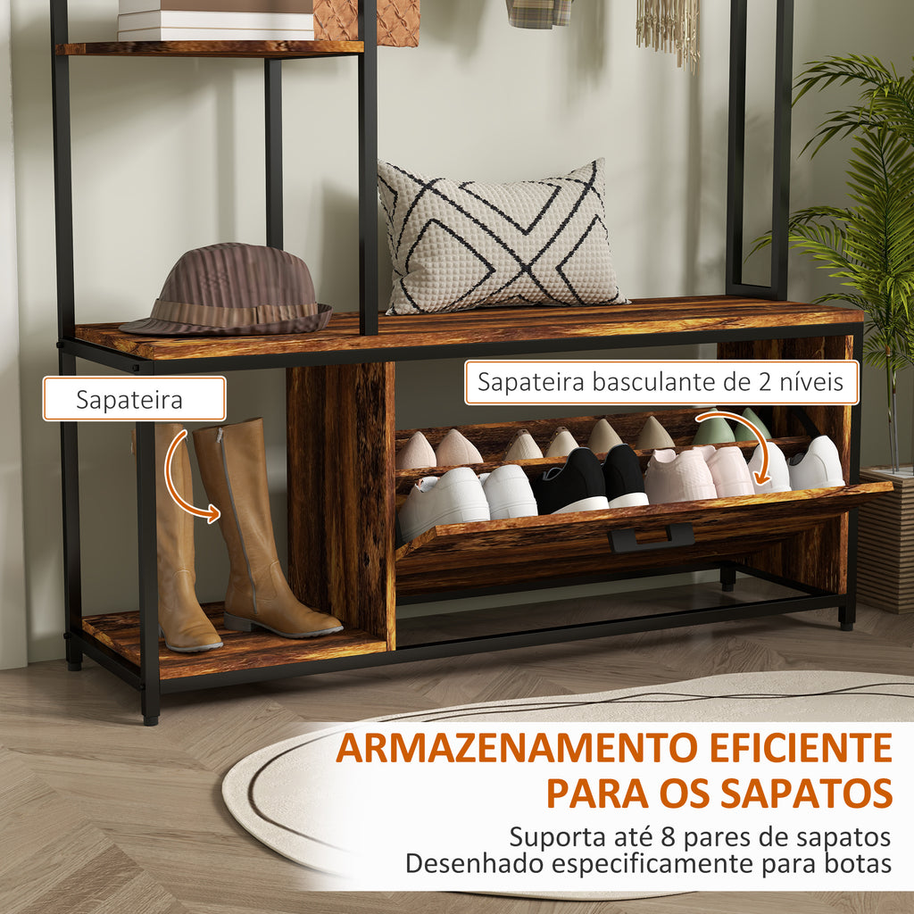 Móvel Cabide de Entrada com Sapateira Móvel de Entrada 4 em 1 com Banco Sapateira Prateleiras Ganchos Compartimento e Sistema Anti-Tombo para Corredor Dormitório 120x35x180 cm Marrom Escuro — foto 5