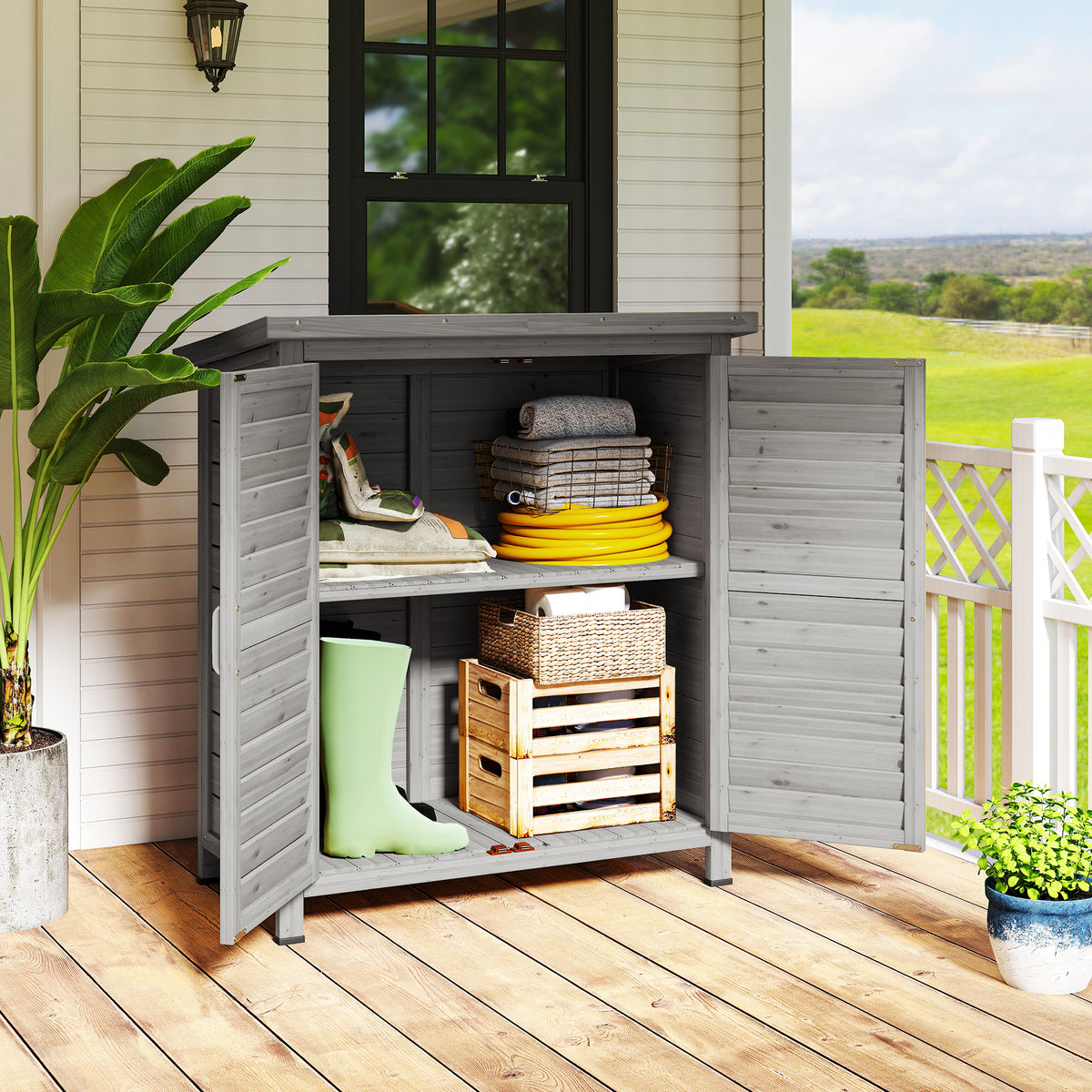 Armário de Armazenamento de Madeira para Jardim com 2 Prateleiras Interiores 2 Portas e Teto Inclinado para Exterior Terraço 87x46,5x96,5cm Cinza — foto 2