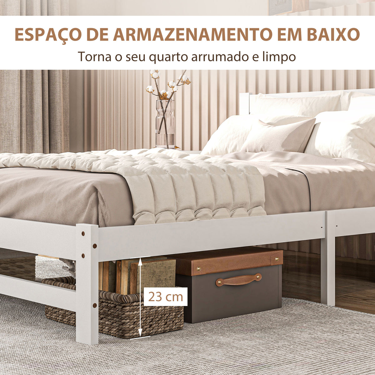 Estrutura de Cama de Madeira Estrado de Cama de Casal para Colchão 190x135 cm Carga 300 kg 195x141x80 cm Branco — foto 4