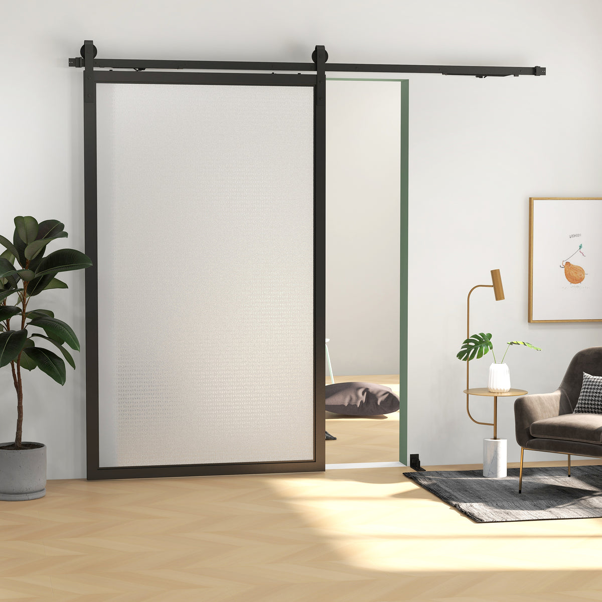 8FT/244cm Kit de ferragens para porta deslizante com amortecedor sem perfuração Kit de ferragens para porta deslizante com 2 trilhos para celeiro preto — foto 2