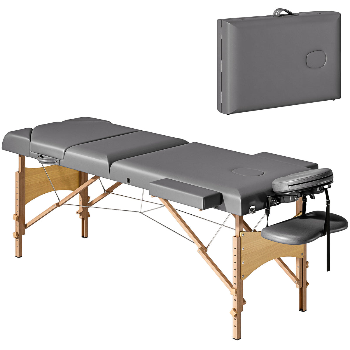 Marquesa de Massagem Dobrável Portátil Marquesa Estética Profissional em Madeira de 3 Zonas com Altura Ajustável Apoio de Cabeça Apoios de Braço Acolchoados 215x60x64-89 cm Cinza — foto 1