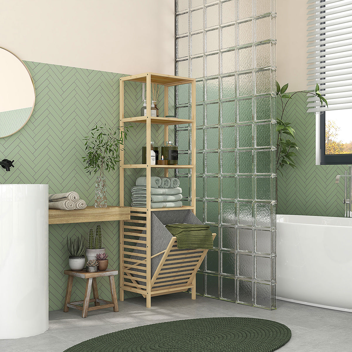 Estante de Casa de Banho em Bambu Estante de Armazenamento de Casa de Banho com 3 Prateleiras e 1 Cesto para Roupa Suja Removível 44x33x160 cm Natural — foto 2
