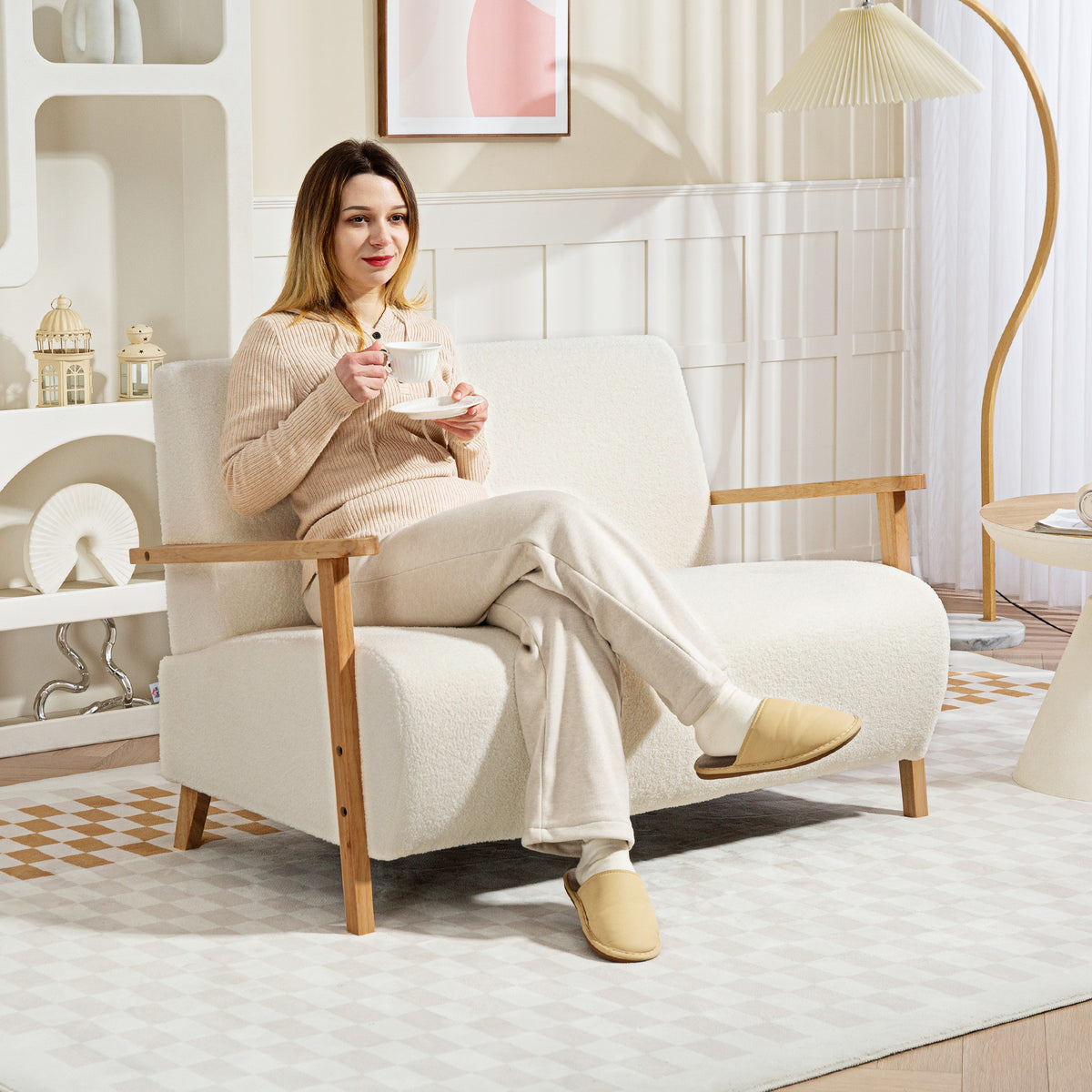 Sofá de 2 Lugares Estofado em Borreguito Sofá de Sala de Estar de 118 cm com Acolchoado Espesso Apoios de Braço e Pés de Madeira para Quarto Sala de Estar 118x76x78 cm Creme — foto 2