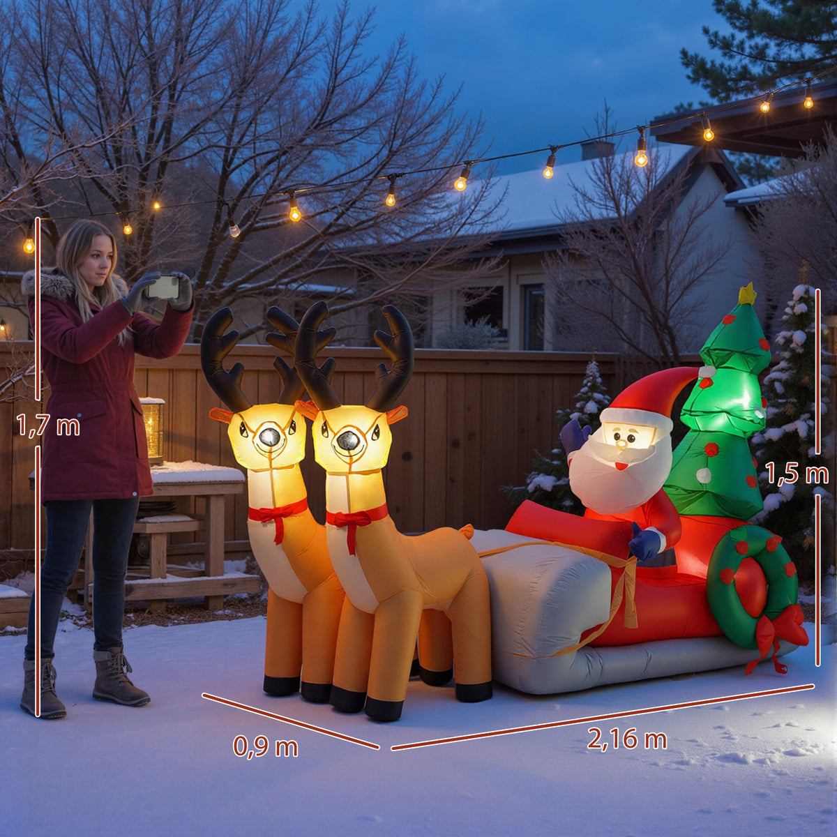 Pai Natal Insuflável com Trenó Renas e Árvore de Natal Insufláveis de Natal com Luzes LED Decoração de Natal para Exterior e Interior 216x90x150 cm Multicolor — foto 3