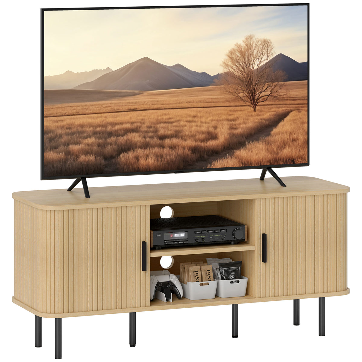 Móvel de TV Vintage Móvel de TV para Sala de Estar com 2 Portas de Correr 2 Prateleiras Abertas Móvel para Televisores de até 55 Polegadas 120x40x55 cm Carvalho — foto 1