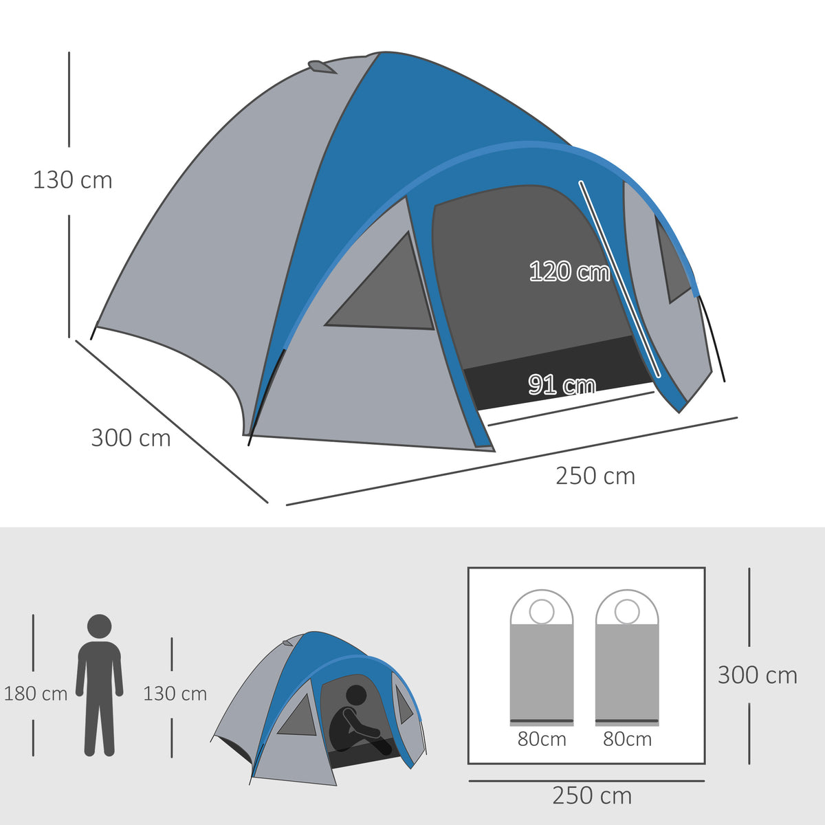 Tenda de Campismo para 2-3 Pessoas Tenda de Campismo com Janelas 2 Bolsos e Bolsa de Transporte 300x250x130 cm Cinza e Azul — foto 3