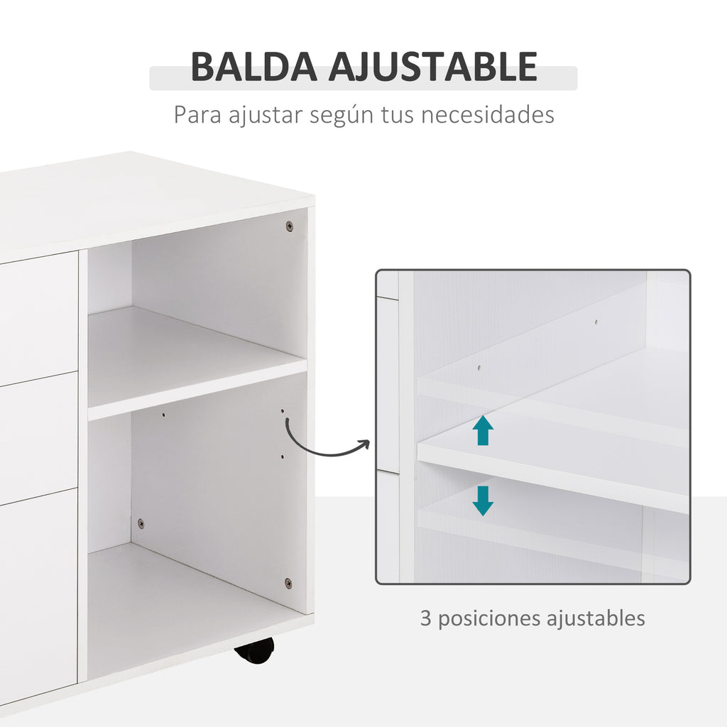 Armário de Escritório para Impressora Multifuncional com 3 Gavetas Prateleira Ajustável e Rodas 80x40x65cm Branco — foto 5