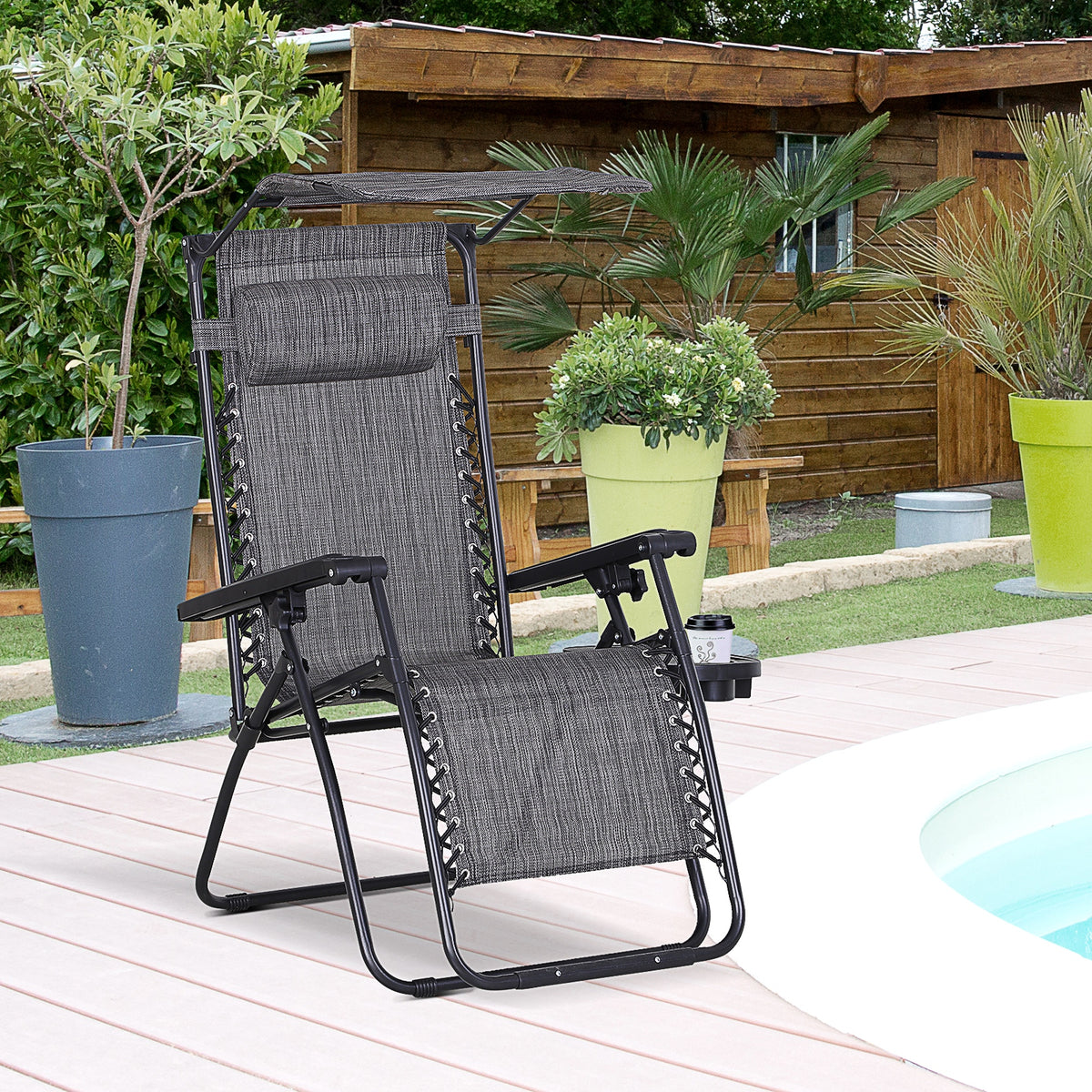 Espreguiçadeira Dobrável Gravidade Zero com Toldo Apoio para os Braços Espreguiçadeira Reclinável com Bandeja Removível 90x67x110cm Cinza — foto 2