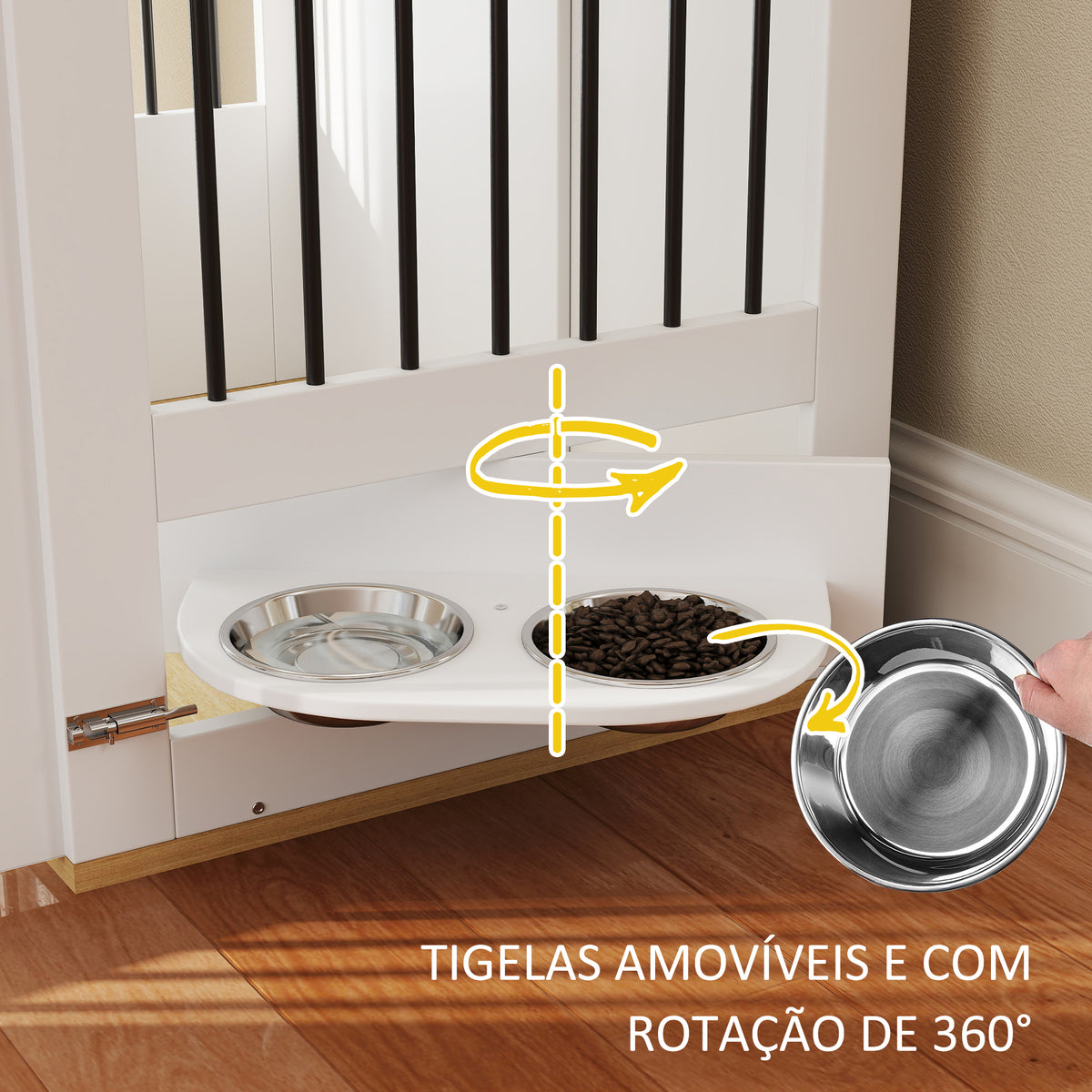 Gaiola para Cães Médios 2 em 1 Mesa Auxiliar com 2 Portas com Trava Comedouro Giratório de 360° 2 Tigelas e Almofadas Antiderrapantes 80x55x71,5 cm Branco — foto 4