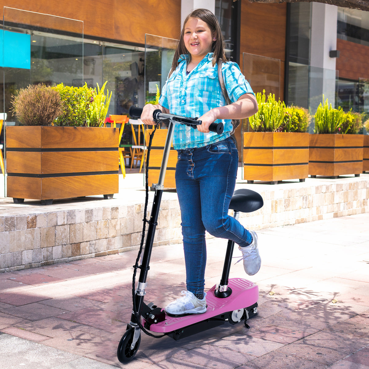 Trotinete Elétrica para Crianças Trotinete Dobrável Bateria 120W Guiador Ajustável Velocidad Máxima de 10km/h e Freio de Pé 78x37x99 cm Rosa — foto 2