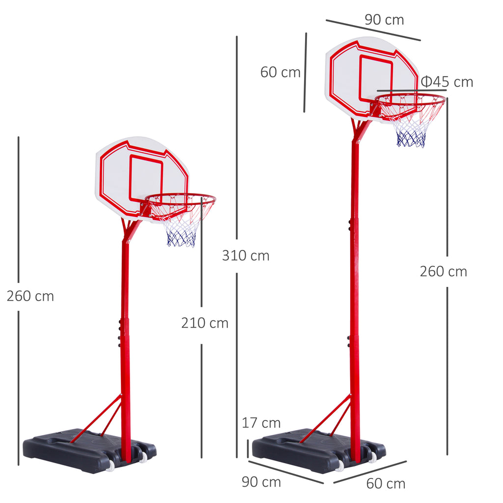 Cesta de basquete com altura ajustável de 210-260 cm com suporte de metal e base recarregável para crianças e adultos vermelho — foto 3