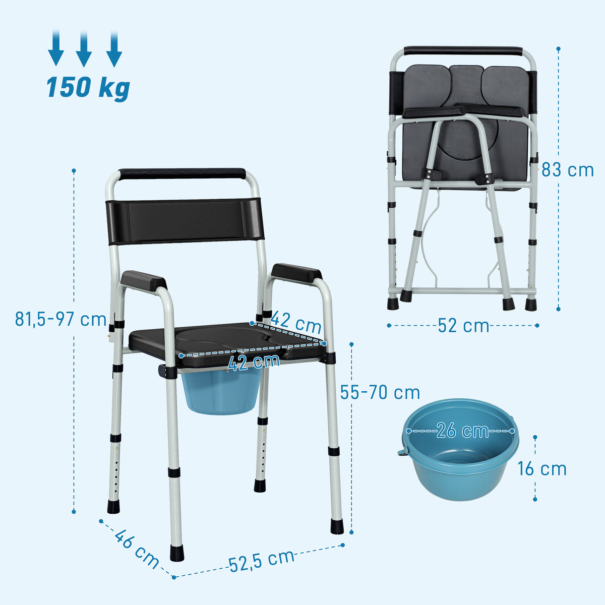 Cadeira Sanita para Pessoas Maiores Dobrável Cadeira com Sanita Altura Ajustável Cubo e Almofadas Antiderrapantes Carga 150 kg 52,5x46x81,5-97 cm Preto — foto 3