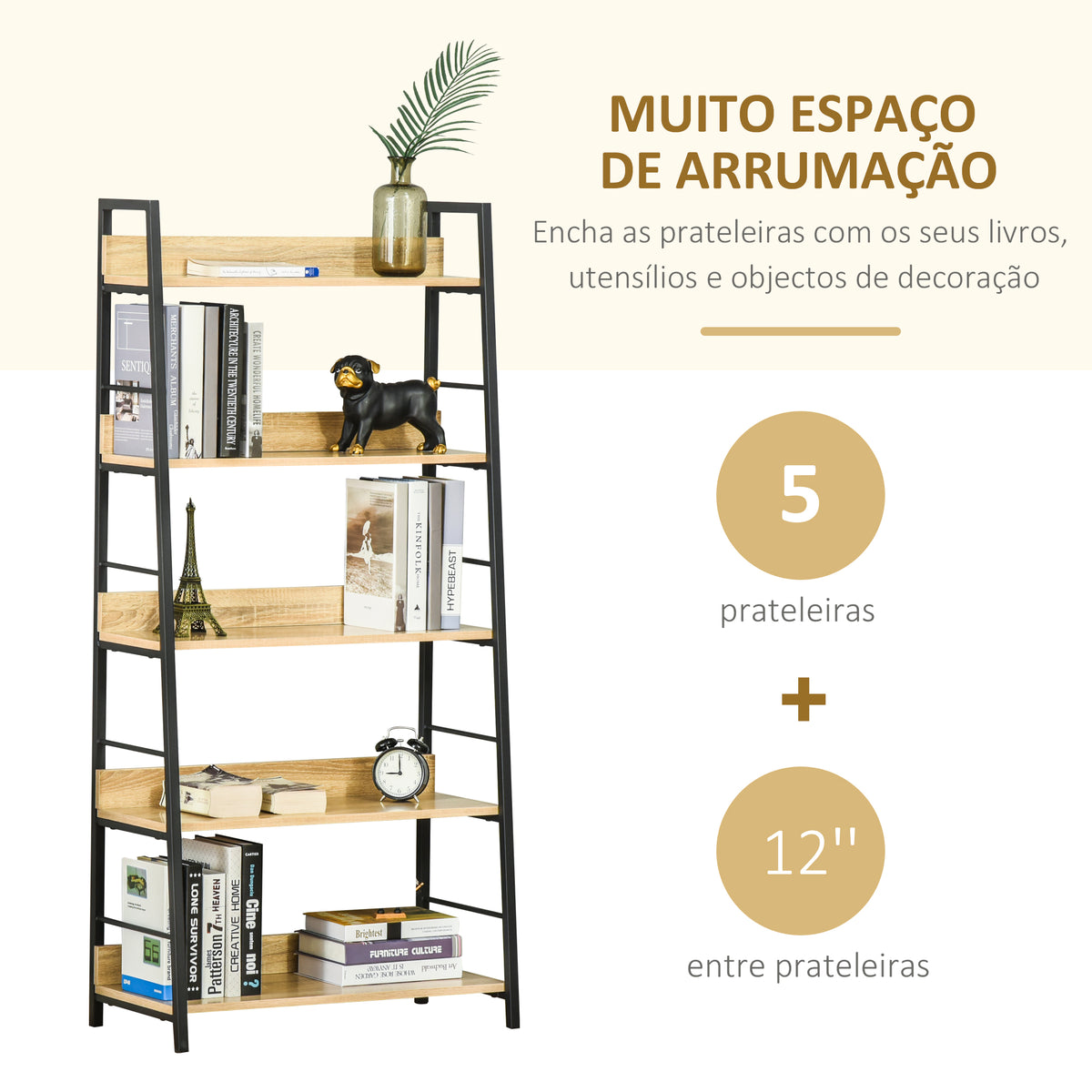Estante de Estilo Industrial com 5 Níveis Estante de Sala de Estar para Livros com Estrutura de Metal Carga 25 kg para Escritório Estudo 70x35x149,5 cm Natural — foto 4