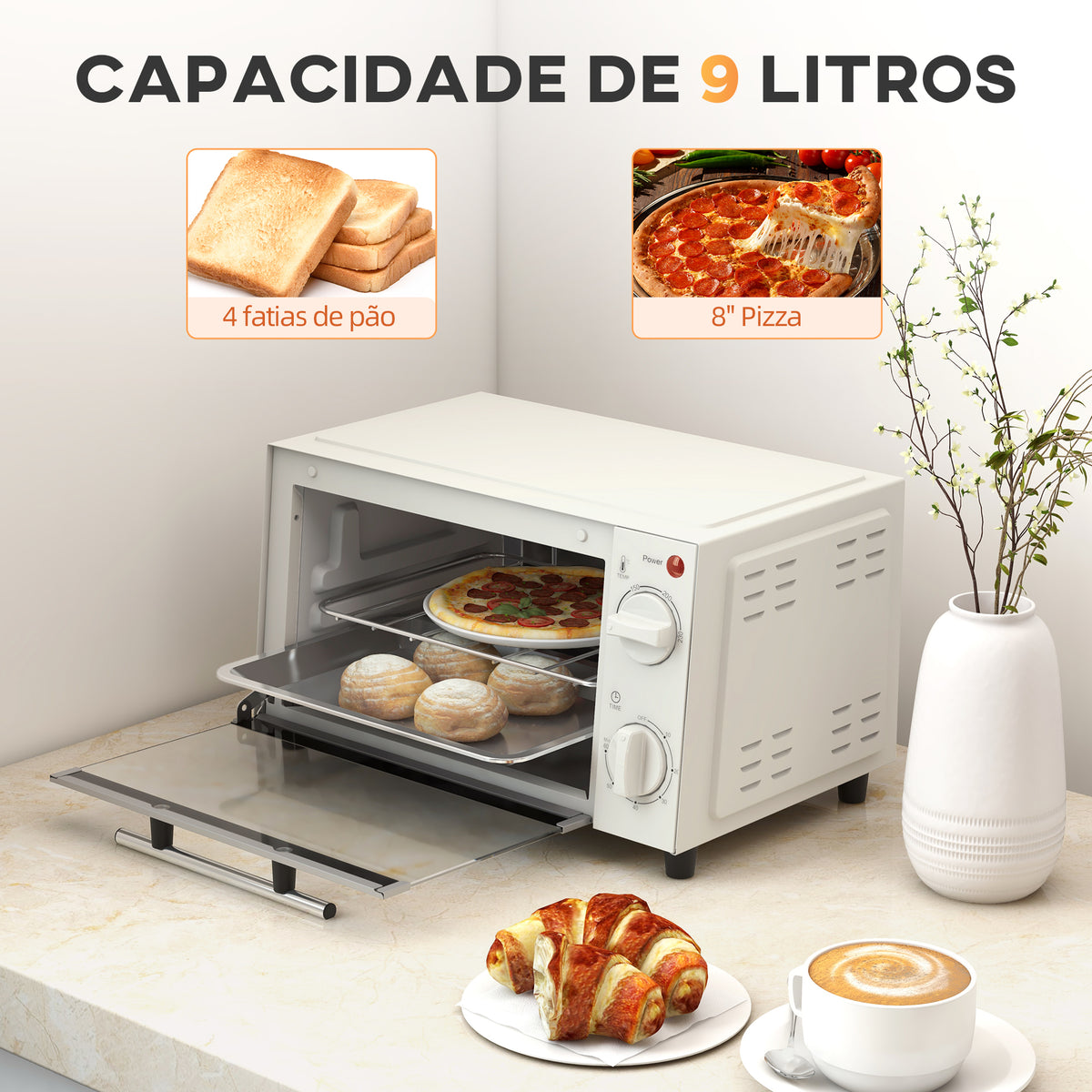 Mini Forno Elétrico 9L Forno Elétrico de Bancada 750W com Temperatura Ajustável até 230°C Temporizador 60 min e Bandeja para Assar Grelha 35x24,6x20 cm Creme — foto 4