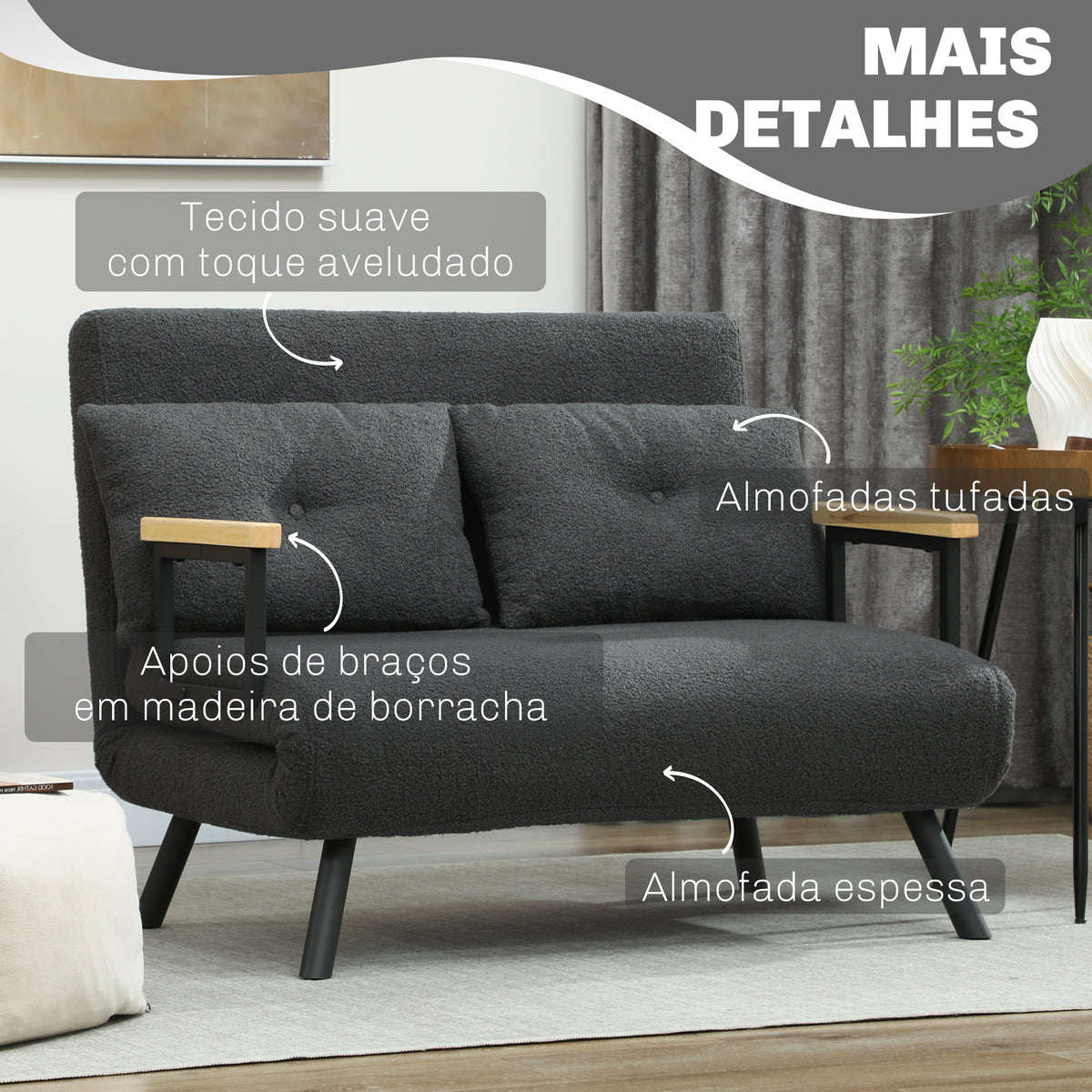 Sofá Cama Sofá Convertível em Cama de 2 Lugares Dobrável com Encosto Ajustável em 5 Níveis e 2 Almofadas Acolchoadas para Escritório Dormitório Sala de Estar 102x73x81 cm Cinza - Modelo 2 — foto 6
