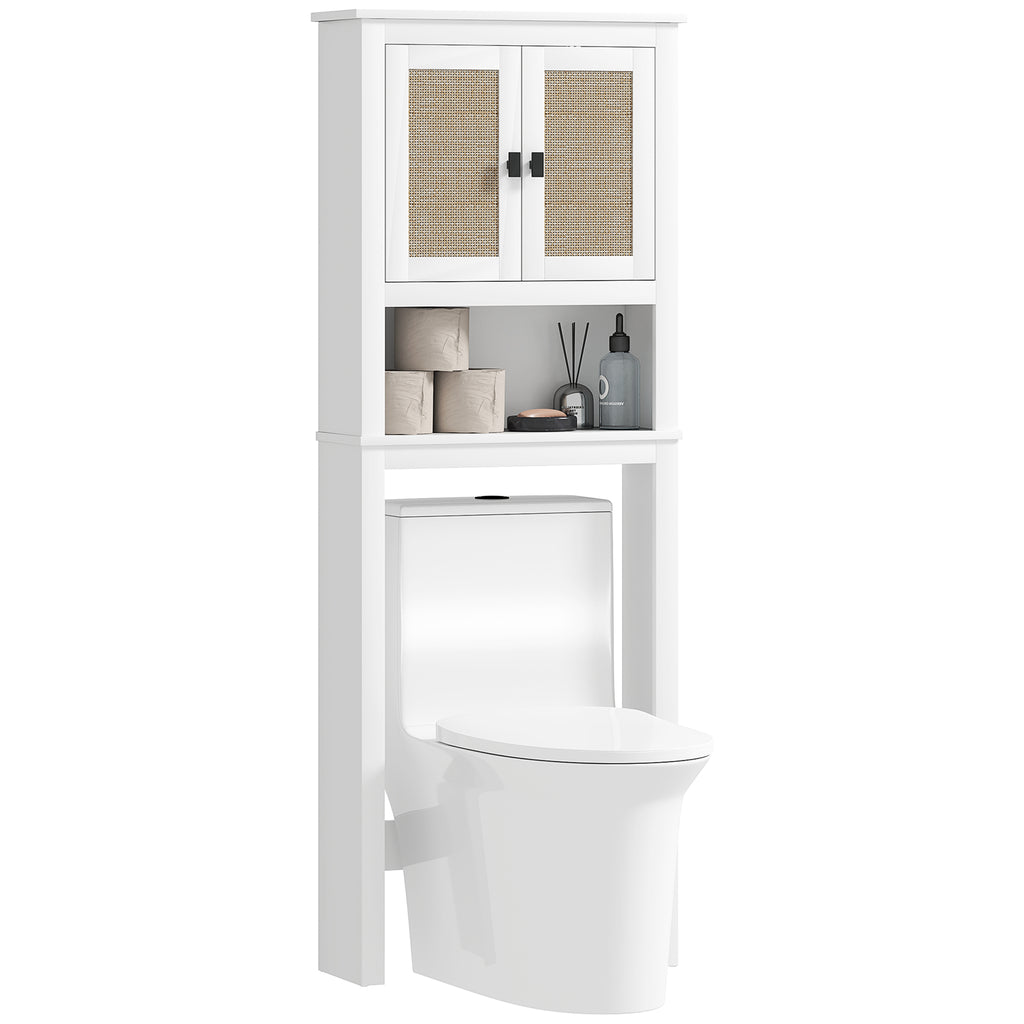 Móvel sobre Sanita Armário sobre Sanita com 2 Portas com Frente em Vime Compartimento e Prateleira Ajustável Móvel Casa de Banho 60x19,5x160 cm Branco — foto 1