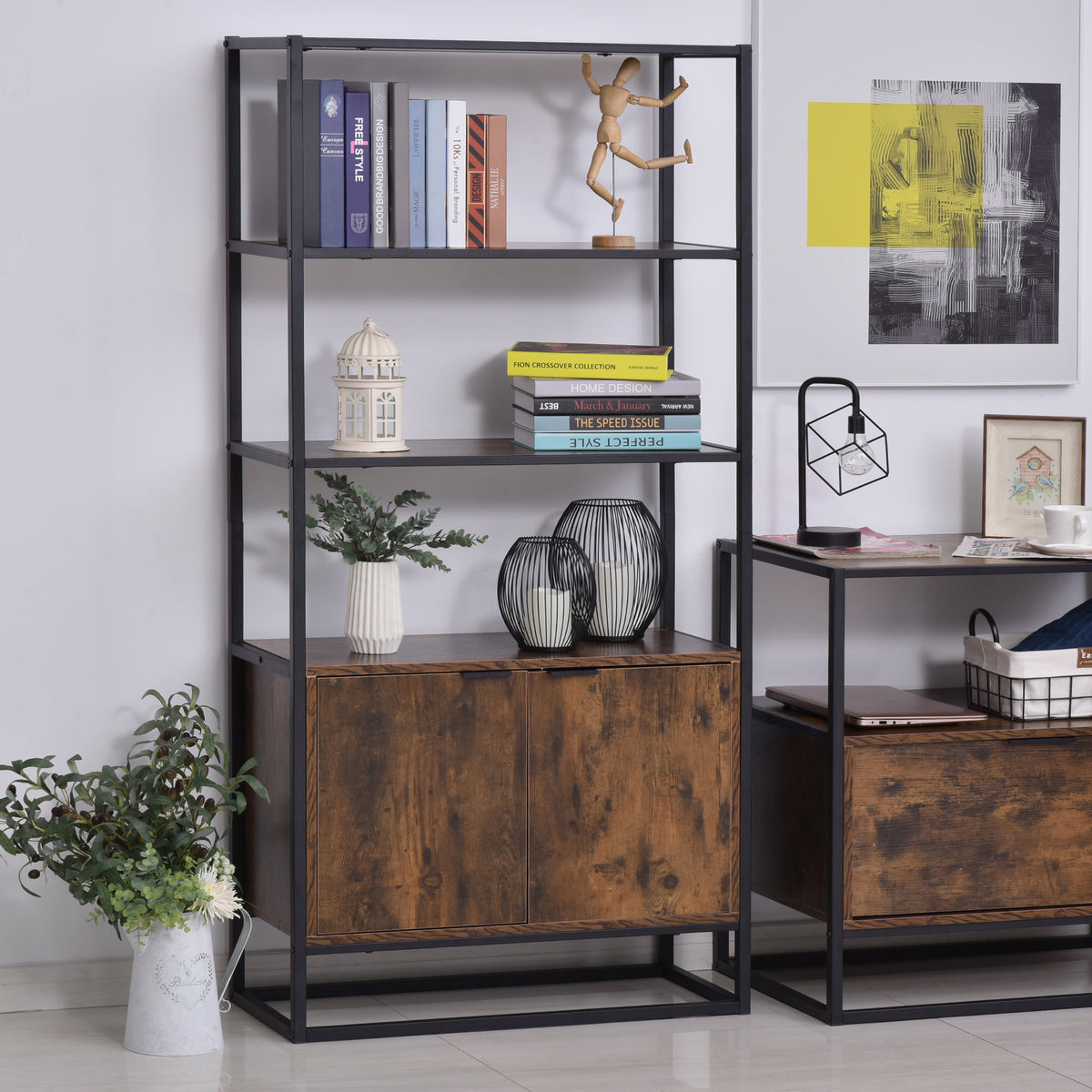 Estante com 3 prateleiras abertas e 1 armário de porta dupla com base elevada Estante multifuncional de armazenamento 76x33x162,5 cm Marrom Rústico — foto 2
