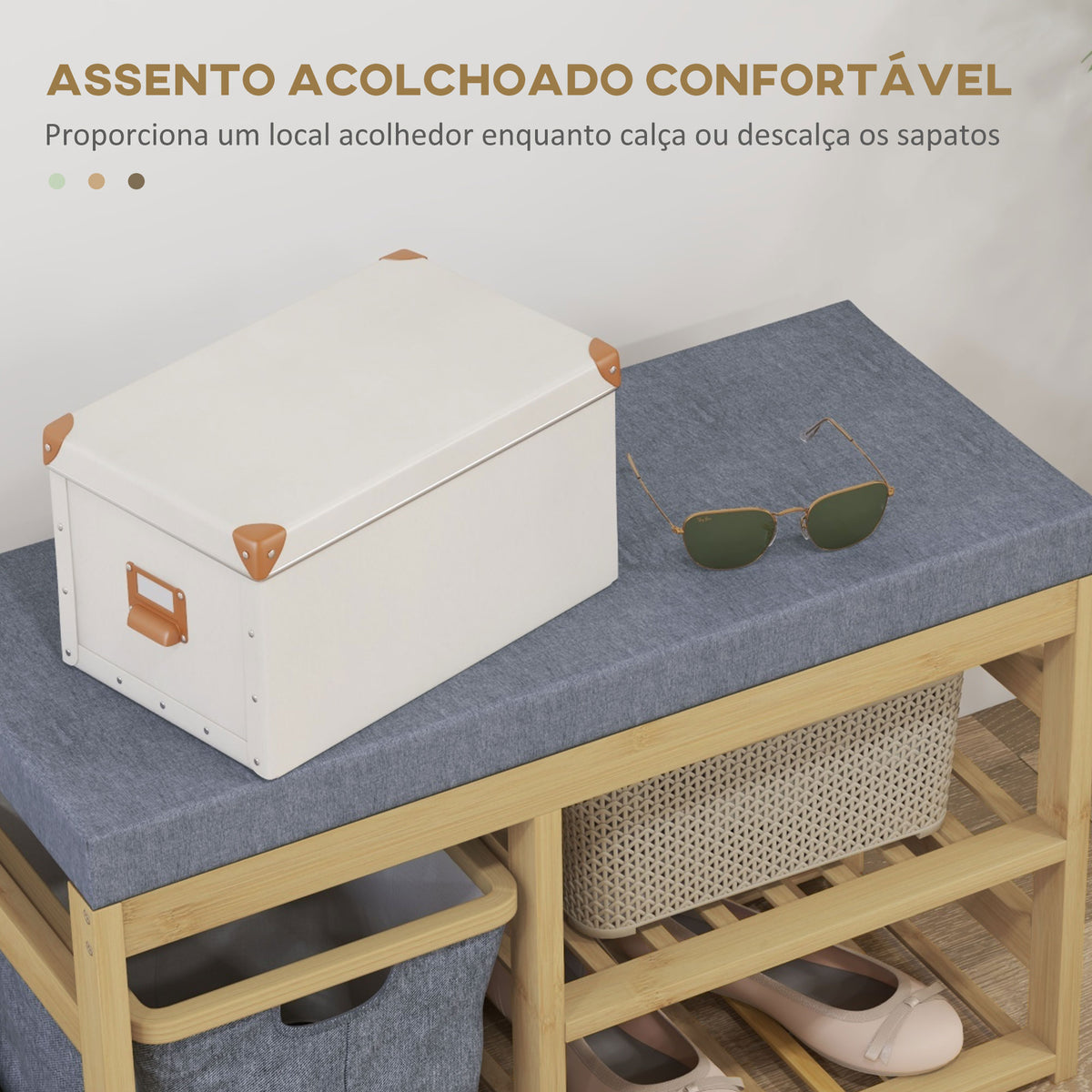 Banco para Sapatos de Bambu Móvel Sapateira com Assento Cesta Amovível e Prateleiras Abertas para 4 Pares de Sapatos Banco Sapateira para Entrada Corredor 69x30x45 cm Madeira — foto 4
