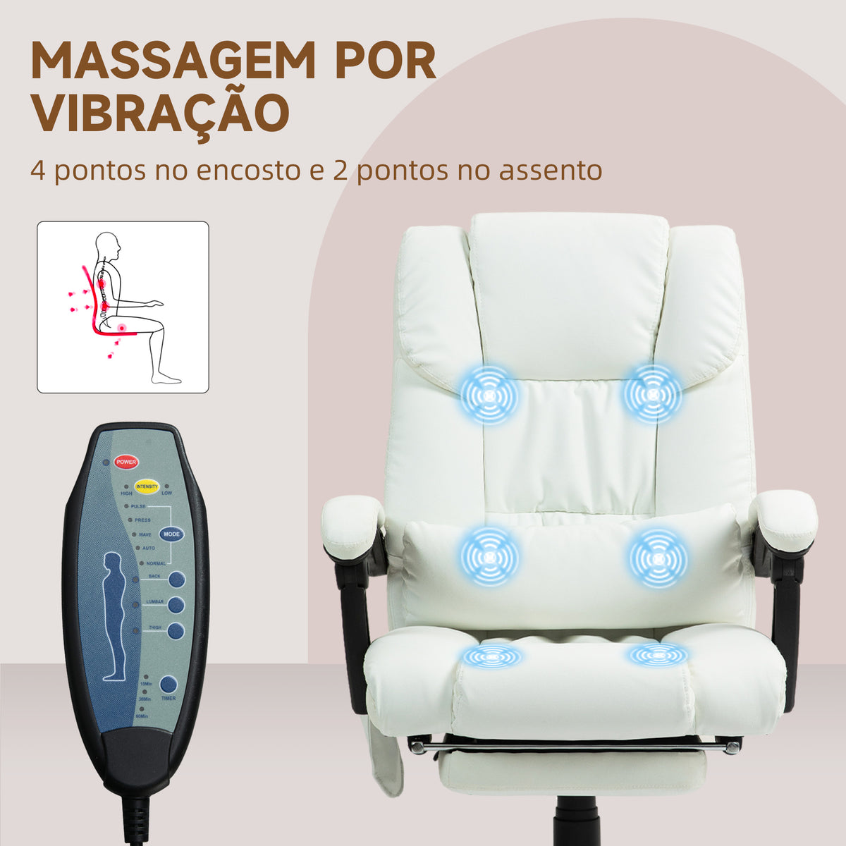 Cadeira de Escritório com Massagem de 6 Pontos Cadeira Giratória com Encosto Alto Reclinável Altura Ajustável Apoio para Pés e Controlo Remoto 66x75x112-122 cm Branco — foto 6