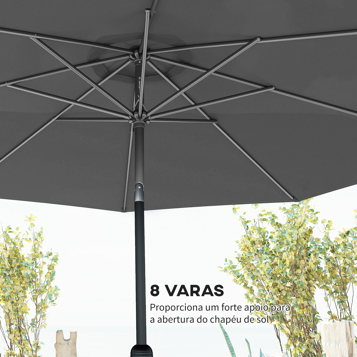 Chapéu de Sol de Jardim Ø295x250cm com Manivela Chapéu de Sol Exterior com Mecanismo de Inclinação e Mastro Desmontável de Metal para Terraço Piscina Pátio Cinza Escuro — foto 7