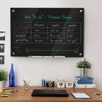 Placa de vidro magnético com bandeja Quadro de parede sem moldura Inclui 4 marcadores e borracha 90x60x0,45 cm Preto — foto 2