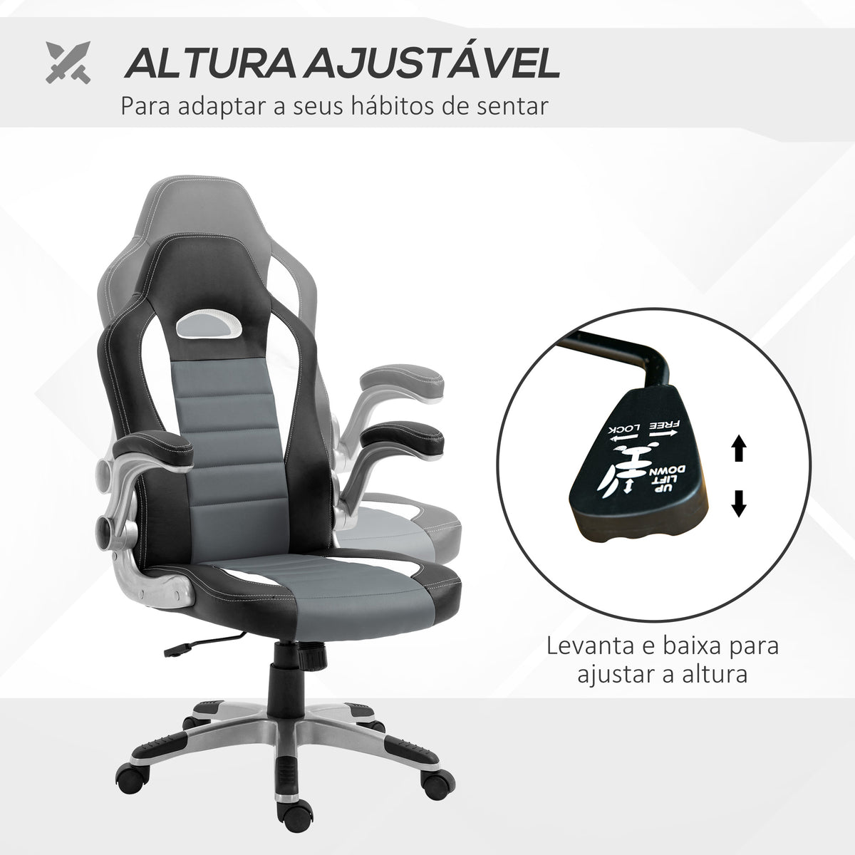 Cadeira de escritório ergonômica Altura ajustável apoio de Braço dobrável com 5 rodas Carga 120 kg 65x69x112-122 cm cinza — foto 4