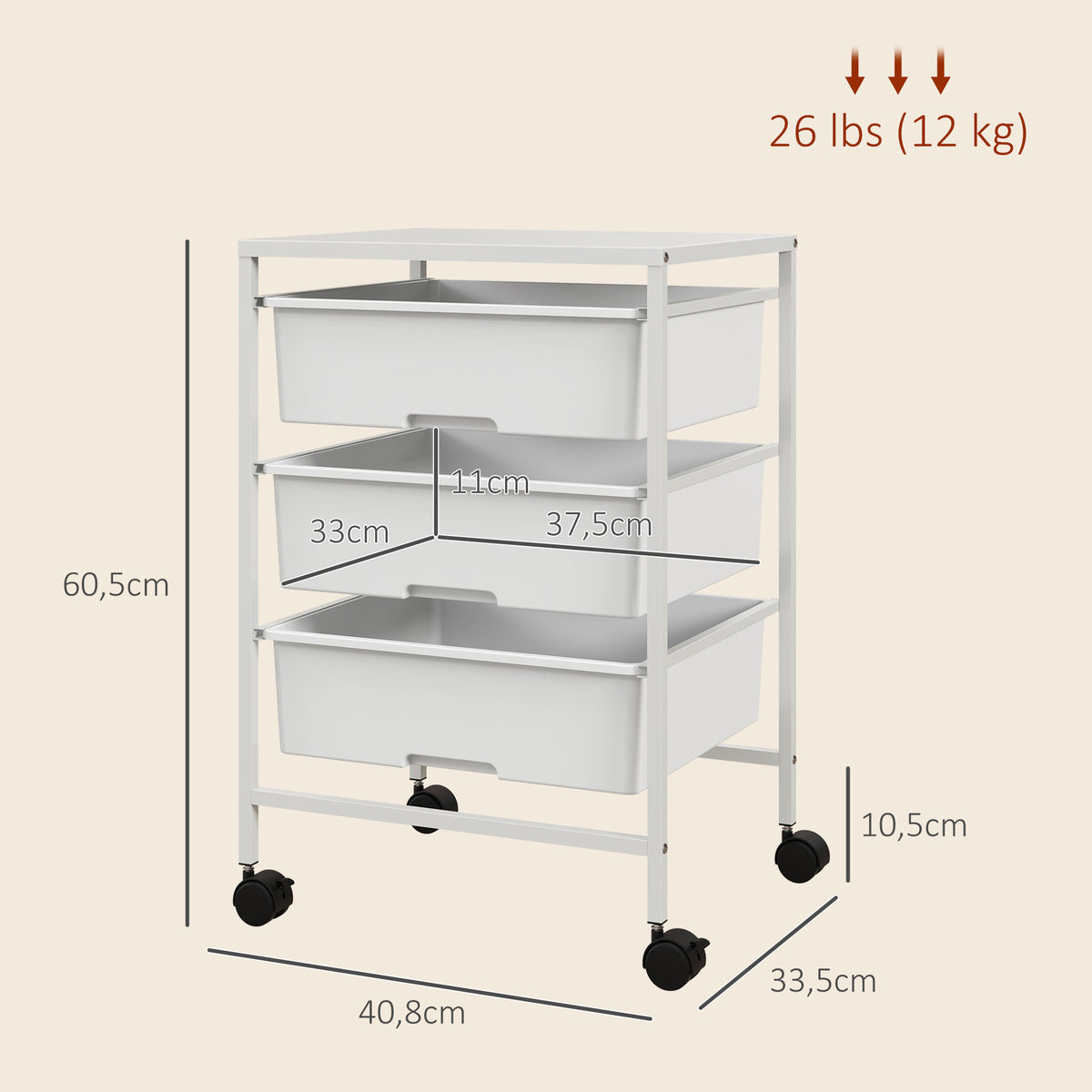 Carrinho Auxiliar com Rodas Carrinho de Cozinha de 3 Níveis com 3 Cestos para Armazenamento e Estrutura de Aço para Sala de Jantar Banheiro 40,8x33,5x60,5 cm Branco — foto 3